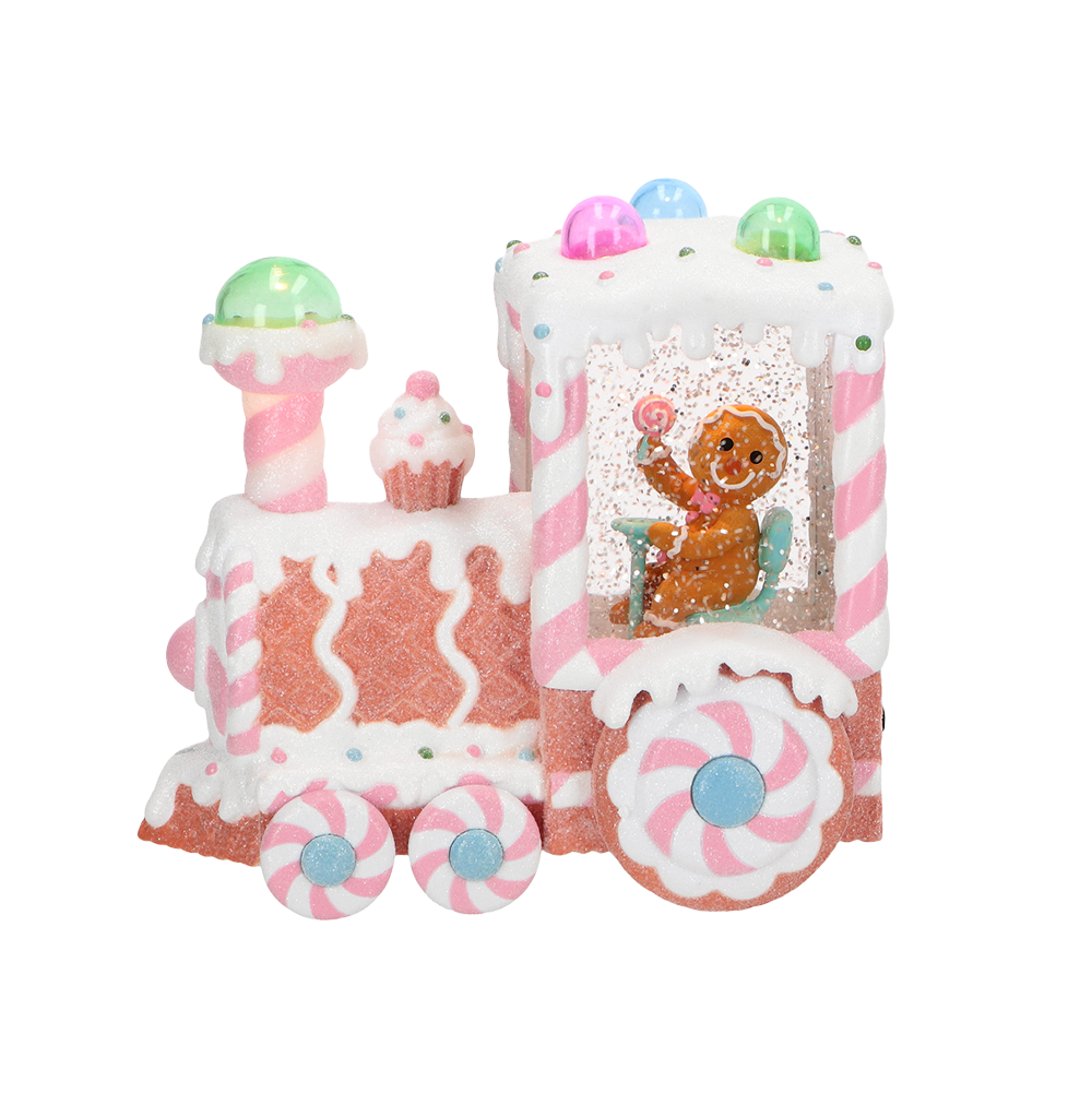 Viv! Christmas Kerst Sneeuwbol incl. LED - Gingerbread Trein met Peperkoekmannetje  - automatisch - pastel roze - 18cm