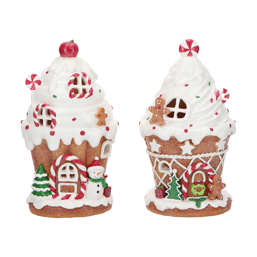 Viv! Christmas Kerstbeeld - Gingerbread Huis vol Snoep incl. LED Verlichting - set van 2 - bruin rood - 21cm
