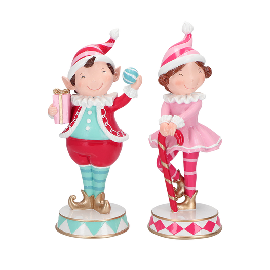 Viv! Christmas Kerstbeeld - Kerstelfjes met Cadeau en Zuurstok - set van 2 - roze rood - 29 & 28cm