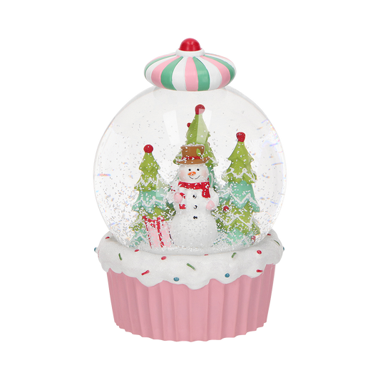Viv! Christmas Kerst Sneeuwbol incl. Muziekdoos - Sneeuwpop in Cupcake - pastel roze - 19cm