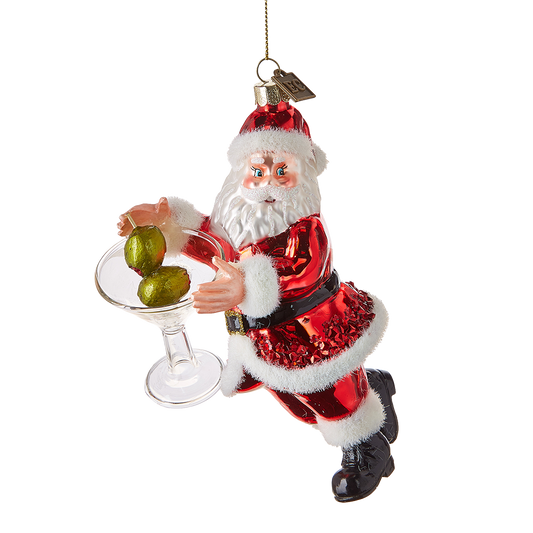 Viv! Christmas Kerstornament - Kerstman met Martini Glas en Olijven - glas - rood - 15cm