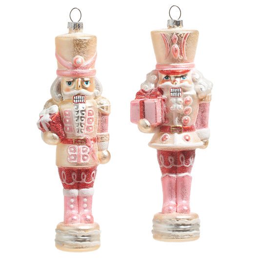 Viv! Christmas Kerstornament - Notenkraker met Cadeaus - set van 2 - glas - roze - 20cm
