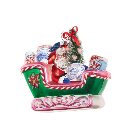 Viv! Christmas Kerstornament - Chinoiserie Slee met Kerstman en Cadeaus - glas - groen roze rood - 11cm
