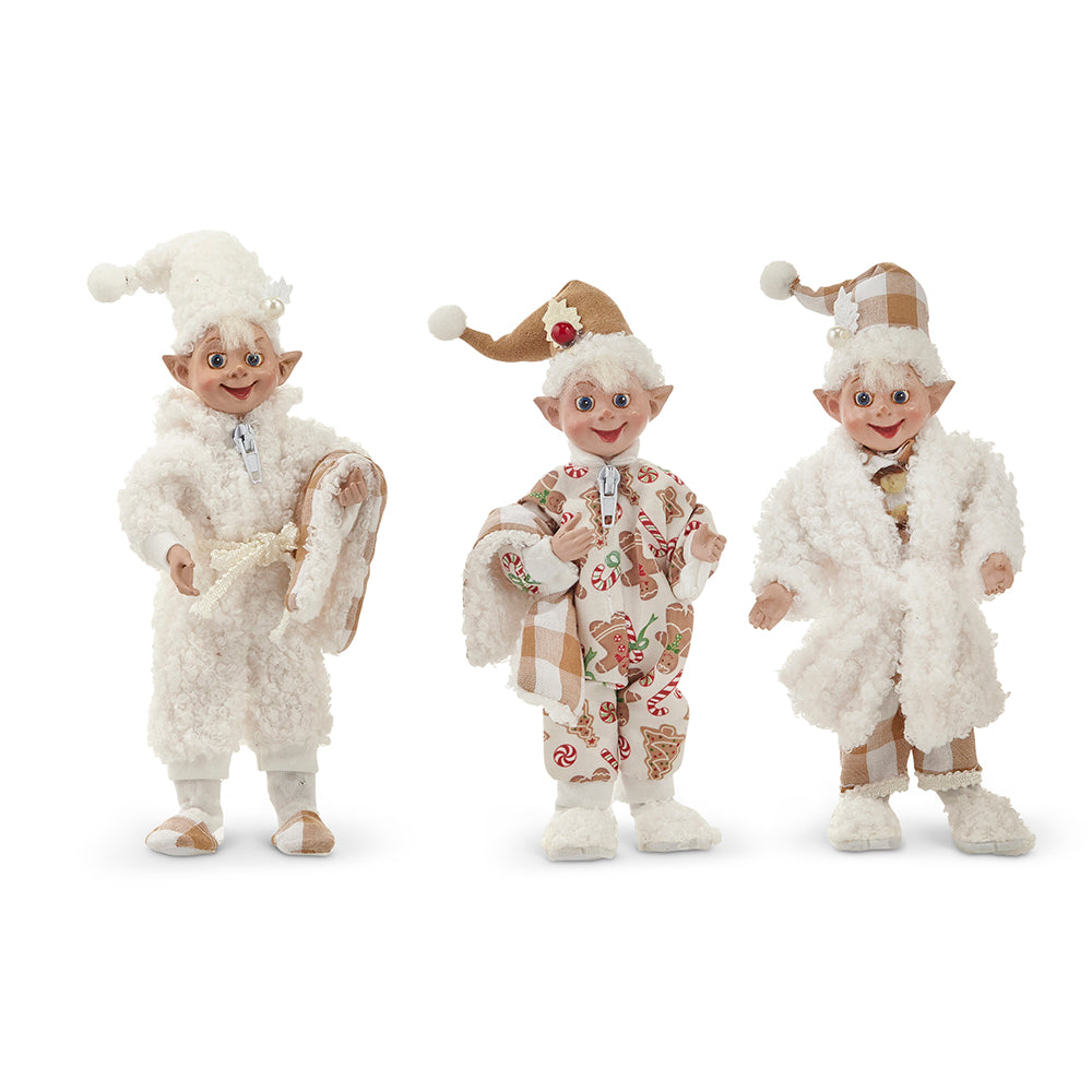 Viv! Christmas Kerstdecoratie - Buigbare Elfjes in Gingerbread Pyjama - set van 3 - bruin wit - 18cm
