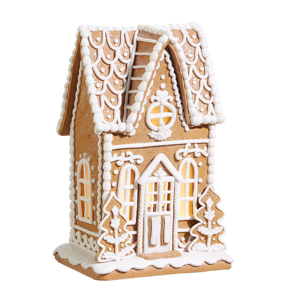 Viv! Christmas Kerstbeeld - Smal Gingerbread Huis van Klei met Icing Details incl. LED Verlichting - bruin wit - 28cm