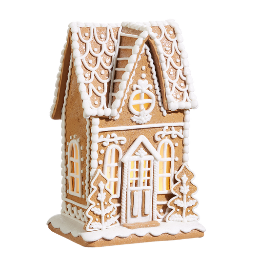 Viv! Christmas Kerstbeeld - Smal Gingerbread Huis van Klei met Icing Details incl. LED Verlichting - bruin wit - 28cm