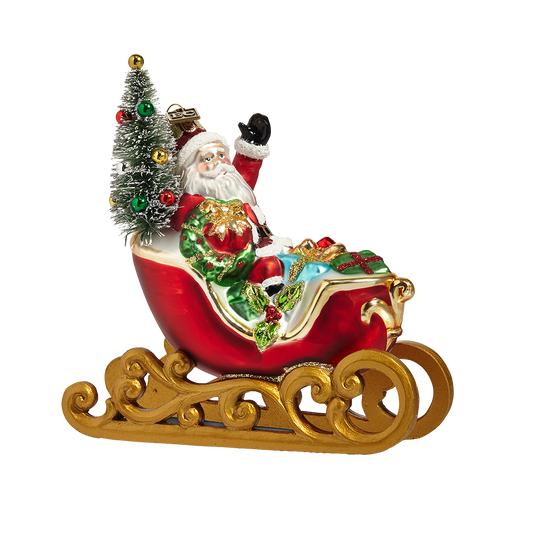 Viv! Christmas Kerstornament - Slee met Kerstman en Cadeaus - glas - rood - 13cm