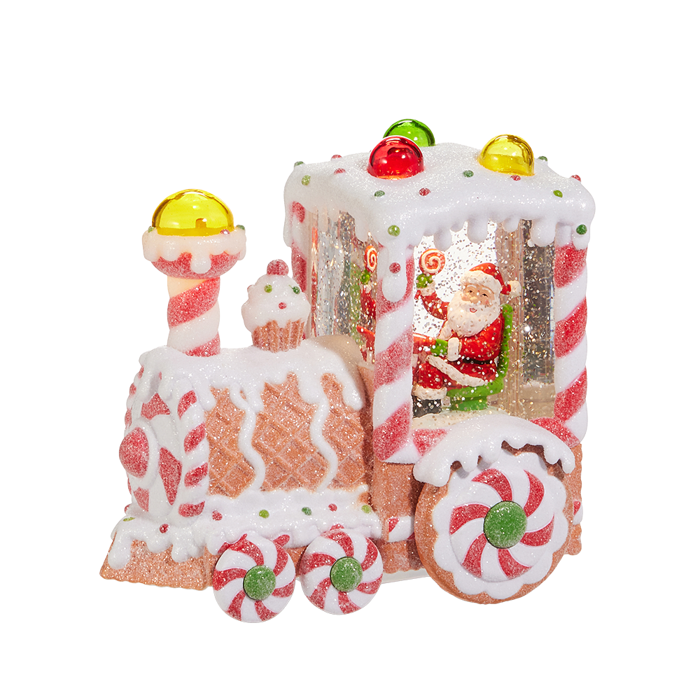 Viv! Christmas Kerst Sneeuwbol incl. LED - Gingerbread Trein met Kerstman - automatisch - bruin rood - 18cm