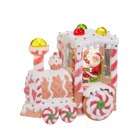 Viv! Christmas Kerst Sneeuwbol incl. LED - Gingerbread Trein met Kerstman - automatisch - bruin rood - 18cm
