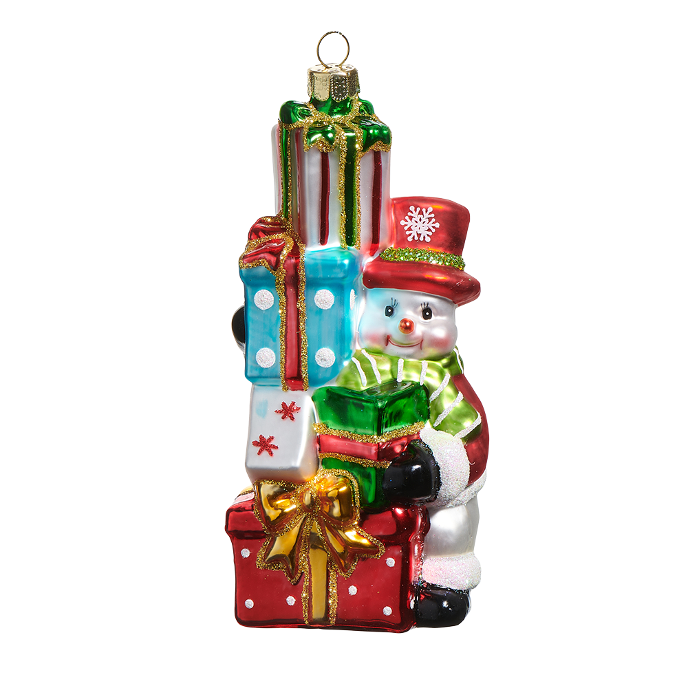 Viv! Christmas Kerstornament - Sneeuwpop met Cadeaus - glas - rood - 14cm