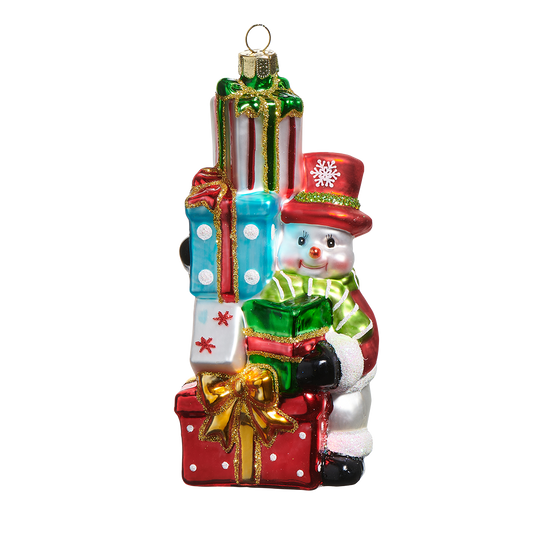 Viv! Christmas Kerstornament - Sneeuwpop met Cadeaus - glas - rood - 14cm