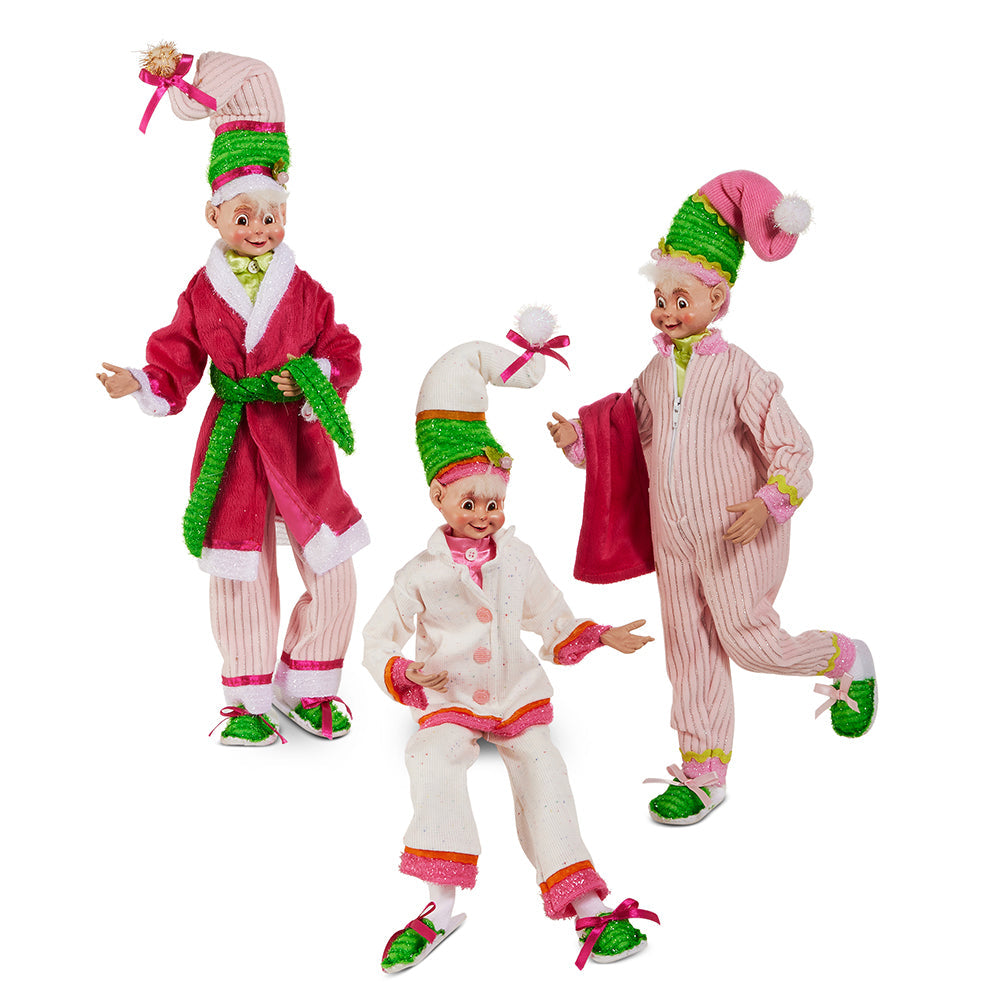 Viv! Christmas Kerstdecoratie - Buigbare Pyjama Elfjes - set van 3 - roze groen - 46 cm
