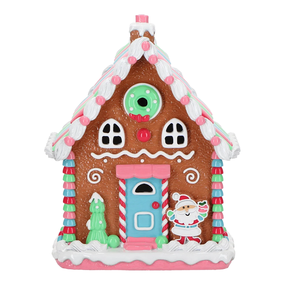 Viv! Christmas Kerstbeeld - Gingerbread Huis met Kerstman incl. LED Verlichting - roze rood blauw groen - 25cm