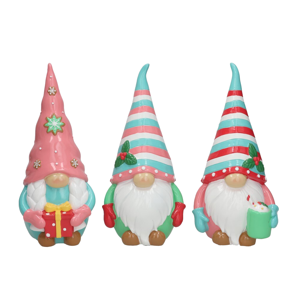 Viv! Christmas Kerstbeeld - Gnooms met Cadeau en Chocolademelk - set van 3 - pastel - 26cm