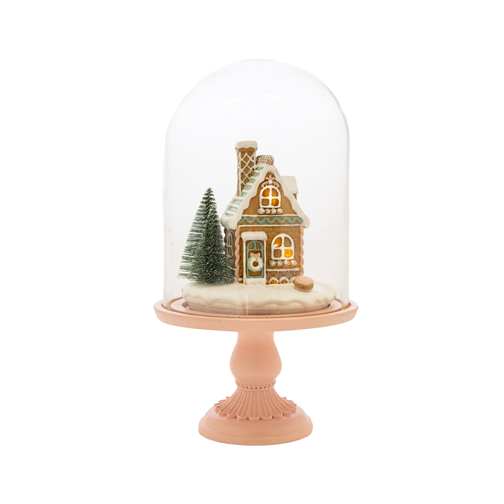 Viv! Christmas Kerstbeeld - Gingerbread Huis in Glazen Stolp incl. LED Verlichting - pastel roze - 30cm