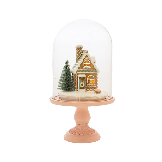 Viv! Christmas Kerstbeeld - Gingerbread Huis in Glazen Stolp incl. LED Verlichting - pastel roze - 30cm