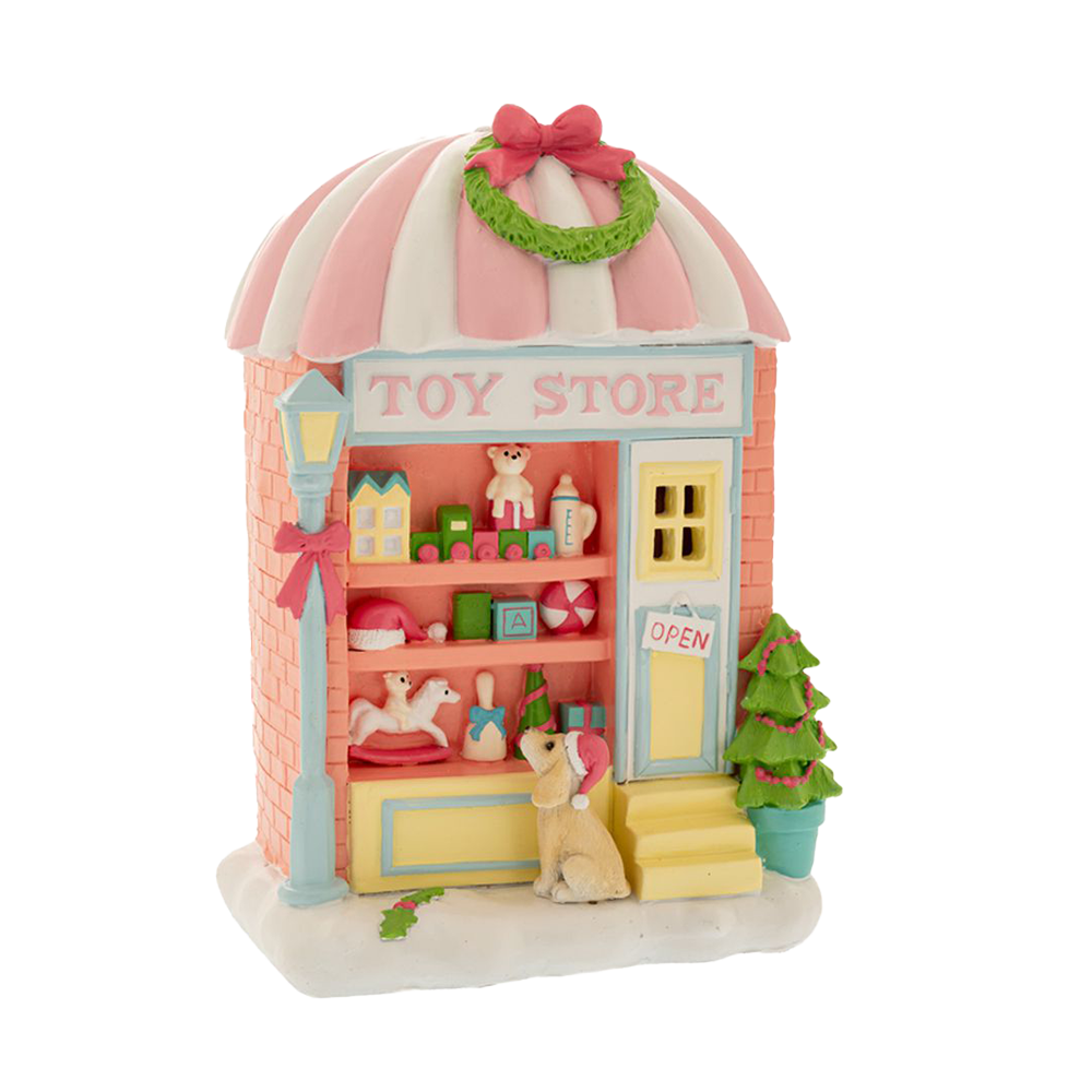 Viv! Christmas Kerstbeeld - Speelgoed Winkel met Hond - pastel roze - 22cm