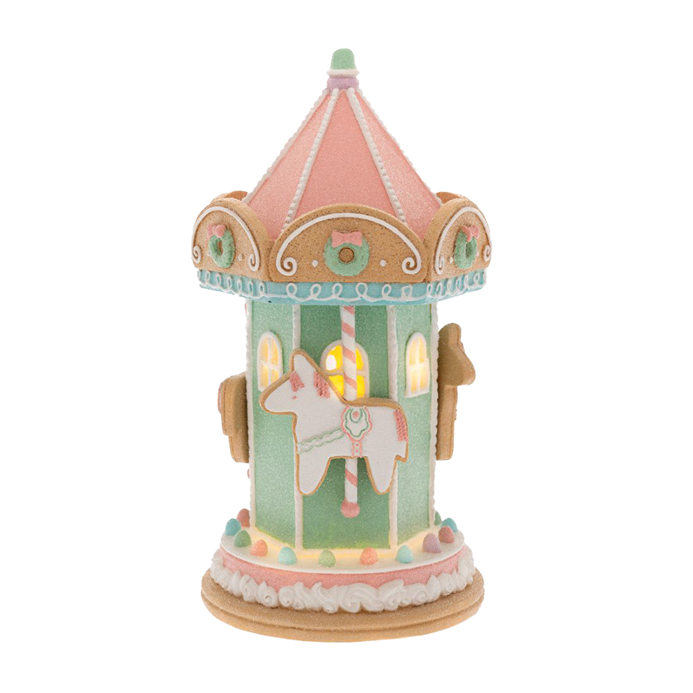 Viv! Christmas Kerstbeeld - Gingerbread Carrousel incl. LED Verlichting - pastel - roze groen - 22cm