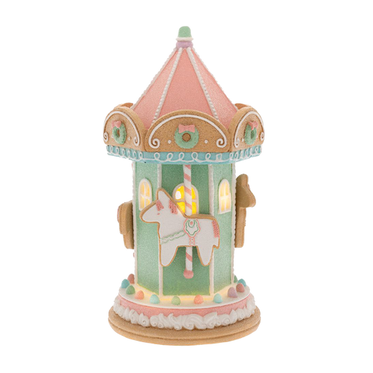 Viv! Christmas Kerstbeeld - Gingerbread Carrousel incl. LED Verlichting - pastel - roze groen - 22cm