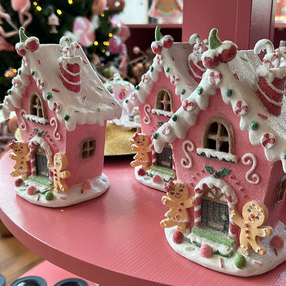 Viv! Christmas Kerstbeeld - Gingerbread Huis incl. LED Verlichting - roze wit - 20cm