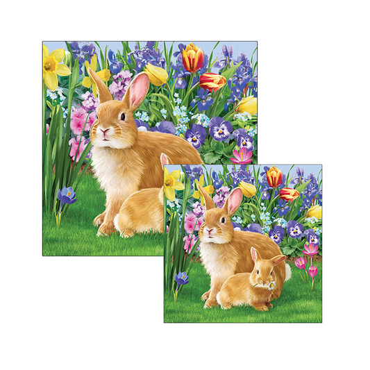Ambiente servetten - Konijnen met voorjaarsbloemen - 2 pakjes 33x33cm en 25x25cm - groen bruin paars geel roze - Pasen