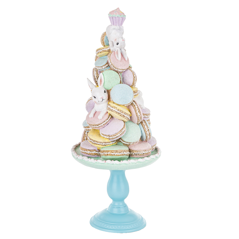 Viv! Christmas Paasdecoratie - Taart met Macarons en Konijntjes op Metalen Voetstuk - pasen - pastel - 60cm