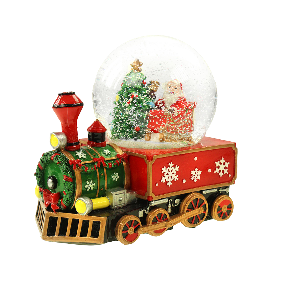 Viv! Christmas Kerst Sneeuwbol incl. Muziekdoos - Kerstman met Trein - rood - 16cm