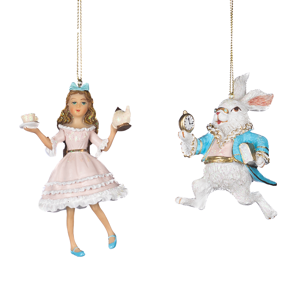 Goodwill M&G Kerstornament - Alice in Wonderland en Konijn - set van 2 - pastel - roze blauw - 10cm