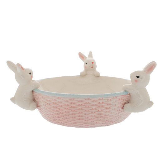 Viv! Christmas Paasservies - Schaal met Drie Konijntjes - keramiek - pasen - roze - 29cm