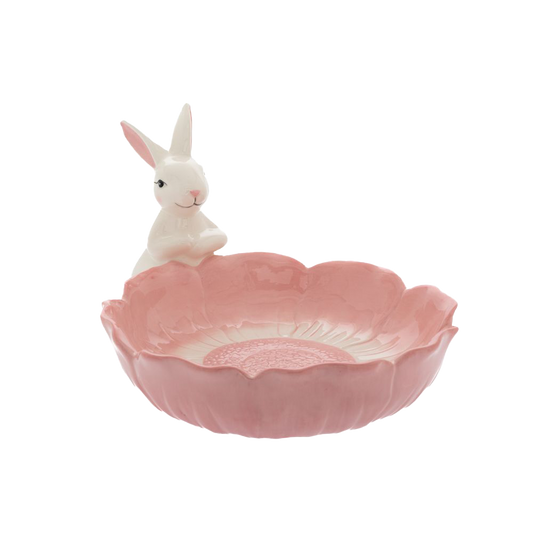 Viv! Christmas Paasservies - Bloemvormige Schaal met Konijn - keramiek - pasen - roze - 27cm