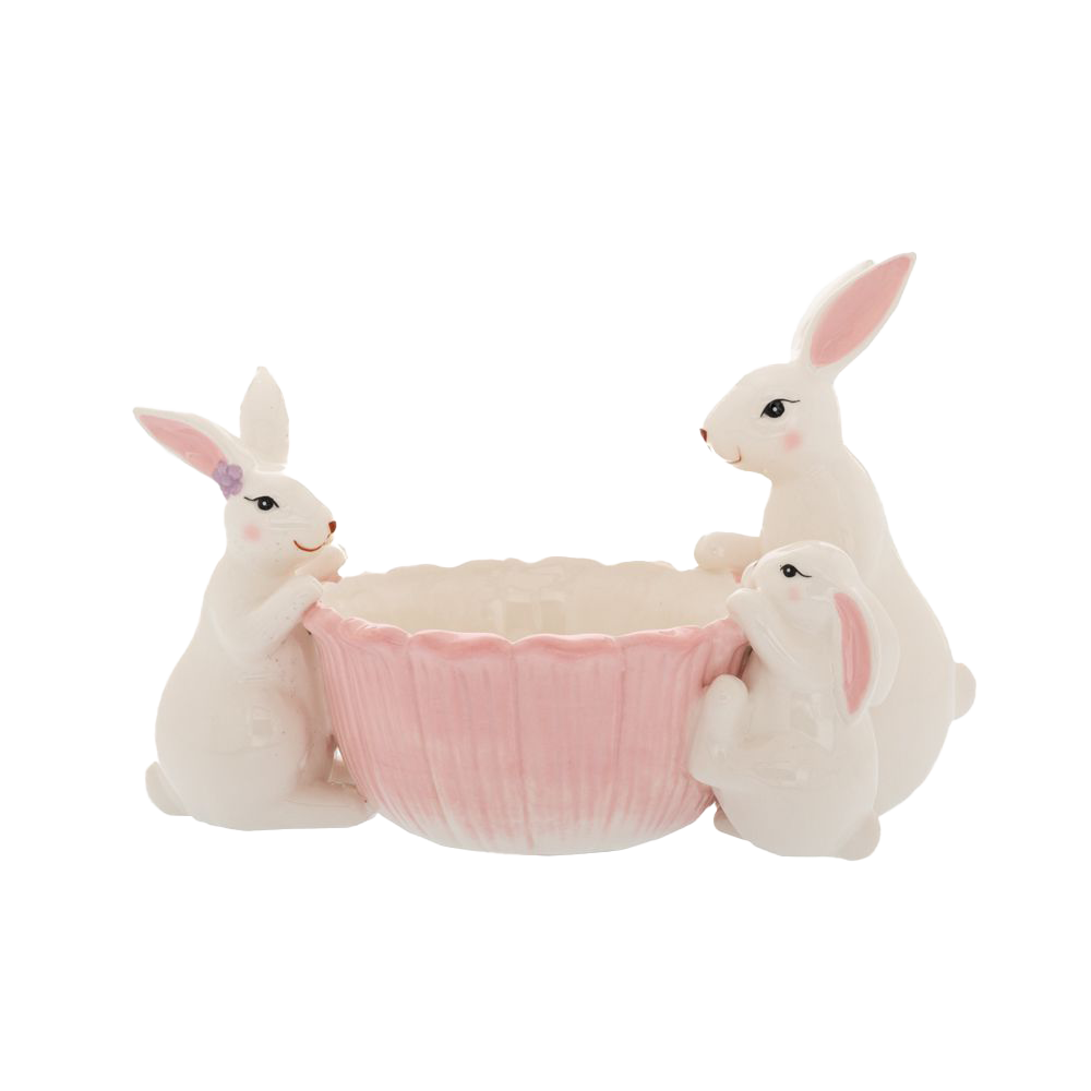 Viv! Christmas Paasservies - Bloemvormig Schaaltje met Drie Konijntjes - keramiek - pasen - roze - 27cm