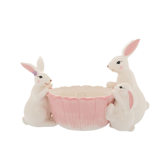 Viv! Christmas Paasservies - Bloemvormig Schaaltje met Drie Konijntjes - keramiek - pasen - roze - 27cm