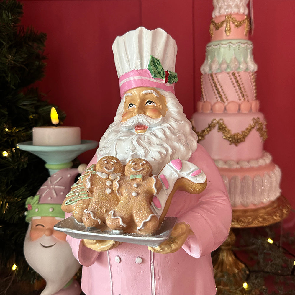 Viv! Christmas Kerstbeeld - Gingerbread Chef Kerstman - pastel - roze groen - 42cm