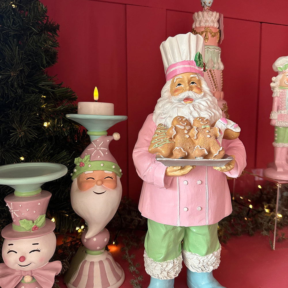 Viv! Christmas Kerstbeeld - Gingerbread Chef Kerstman - pastel - roze groen - 42cm