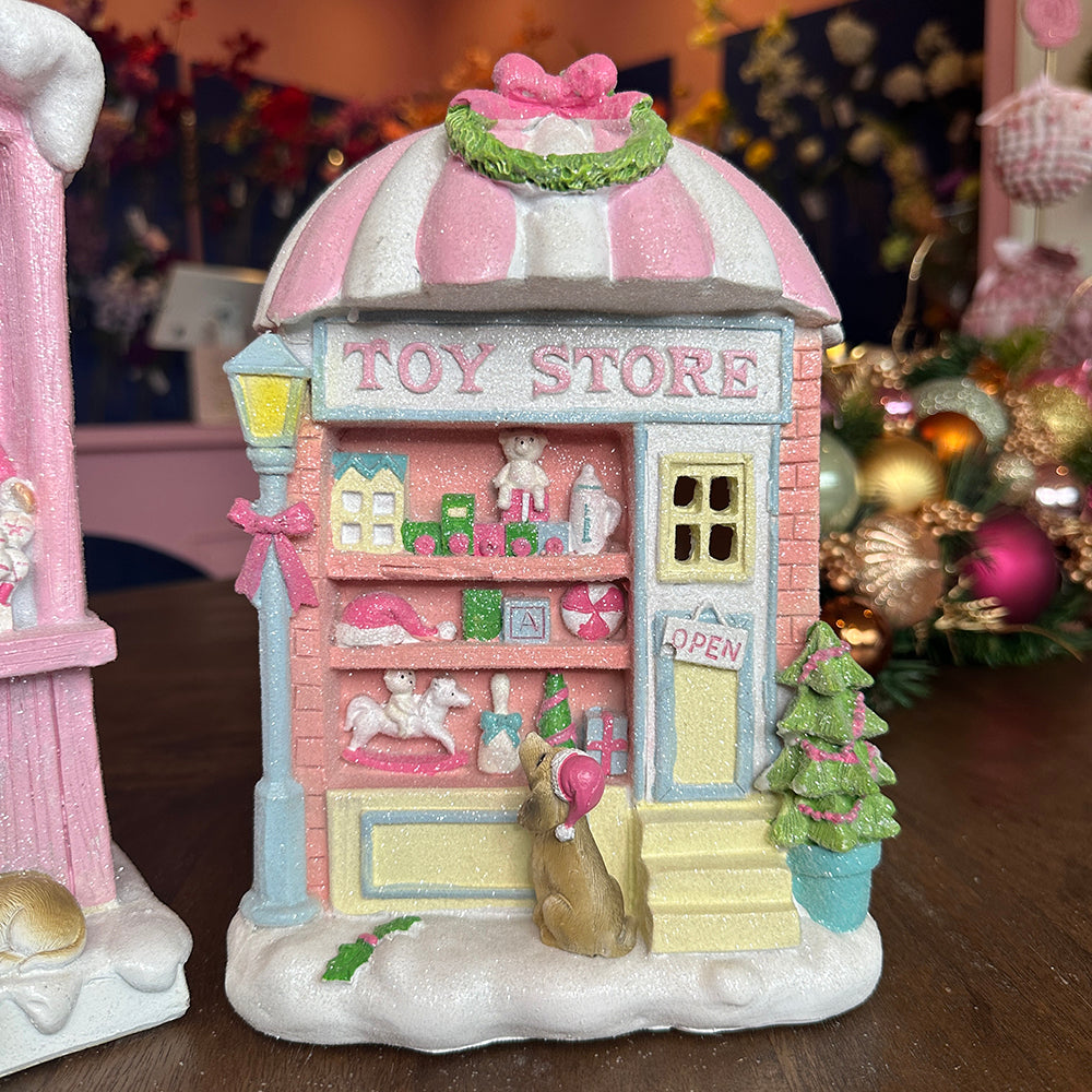 Viv! Christmas Kerstbeeld - Speelgoed Winkel met Hond - pastel roze - 22cm