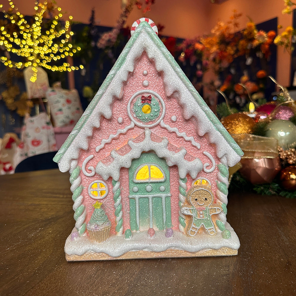 Viv! Christmas Kerstbeeld - Gingerbread Huis incl. LED Verlichting - pastel roze - 25cm