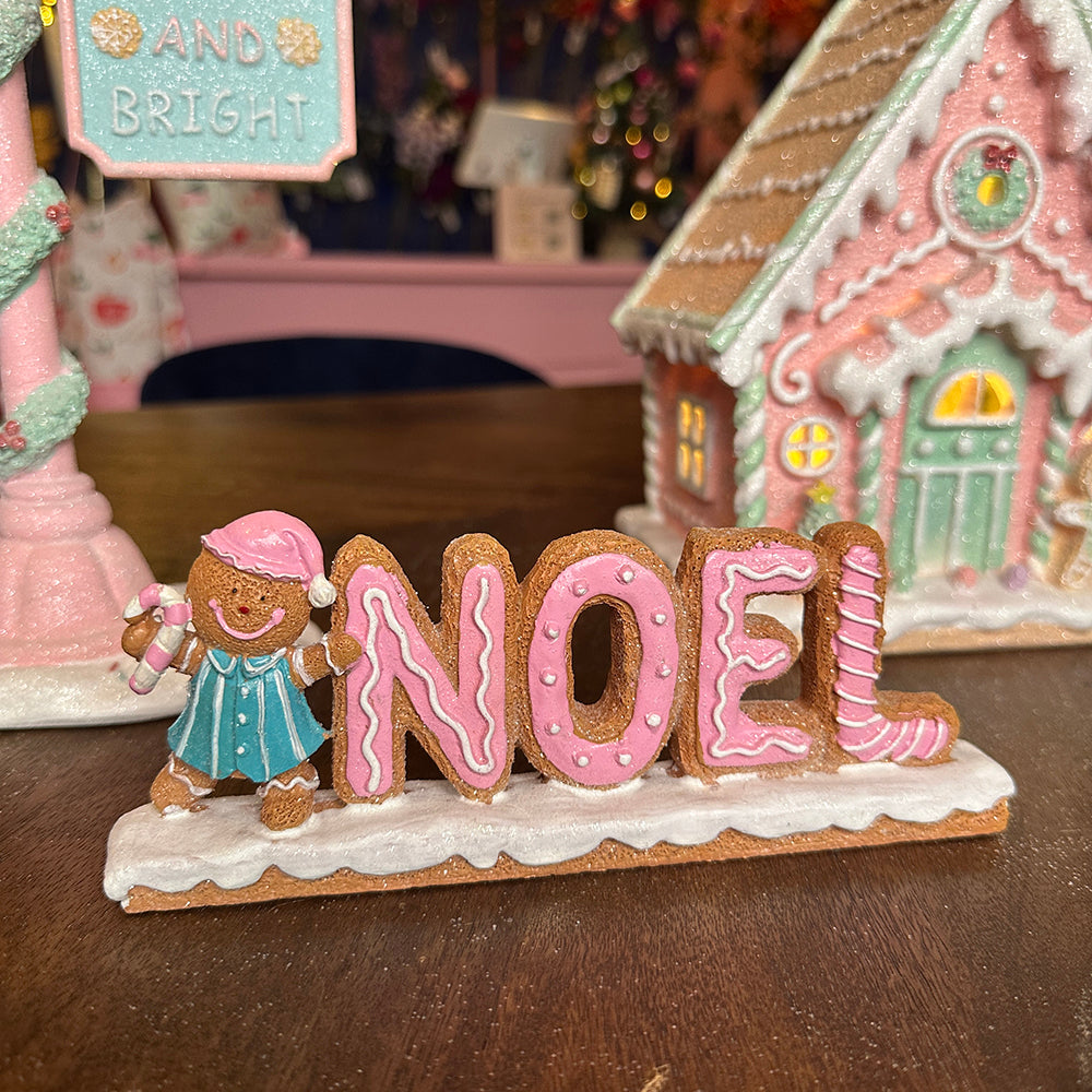 Viv! Christmas Kerstbeeld - Gingerbread 'Noel' Snoep Tafelstuk - pastel - roze blauw - 20cm