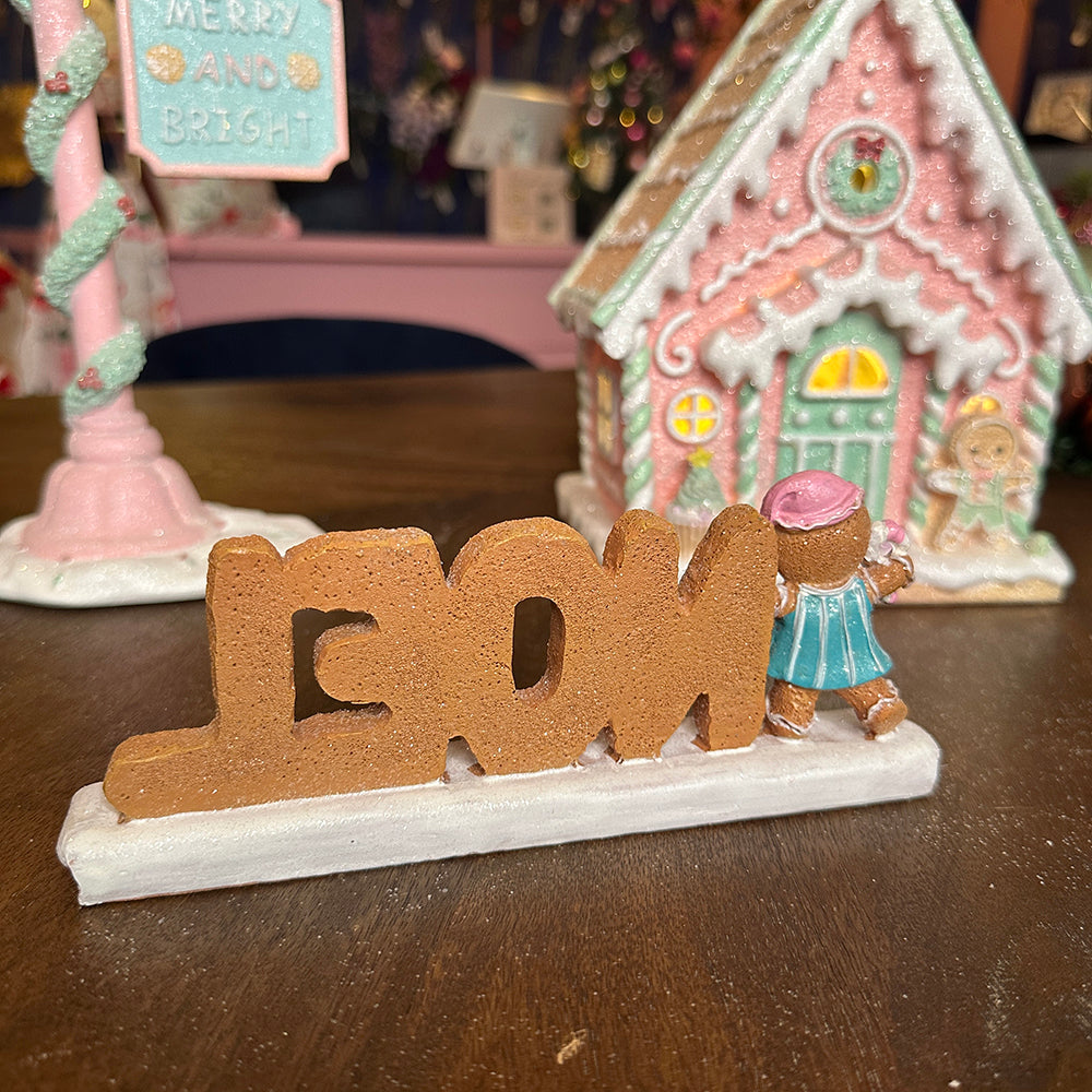 Viv! Christmas Kerstbeeld - Gingerbread 'Noel' Snoep Tafelstuk - pastel - roze blauw - 20cm