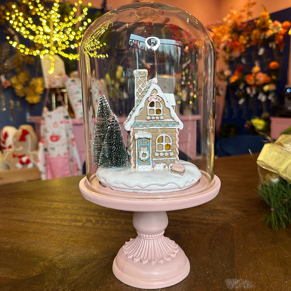 Viv! Christmas Kerstbeeld - Gingerbread Huis in Glazen Stolp incl. LED Verlichting - pastel roze - 30cm