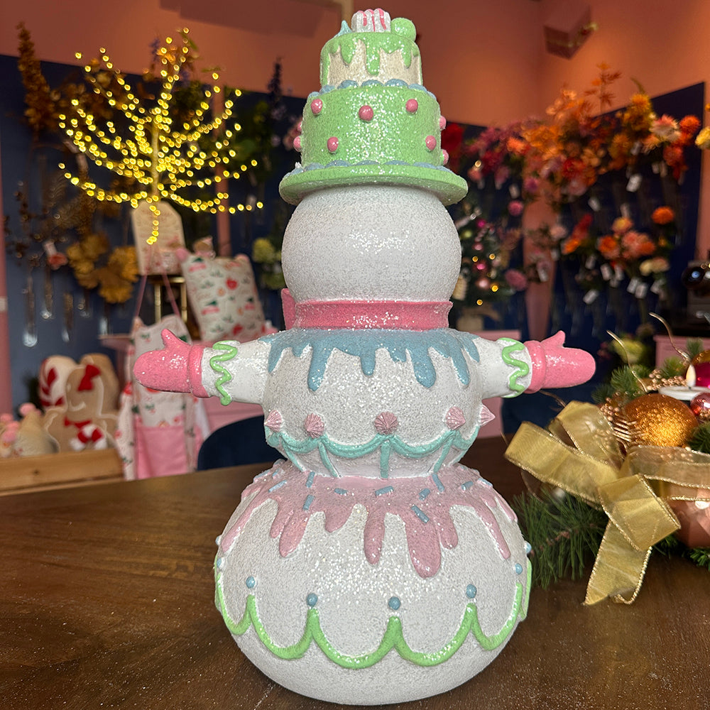 Viv! Christmas Kerstbeeld - Sneeuwpop met Vlinderdas en Snoep  - pastel - roze - 45cm