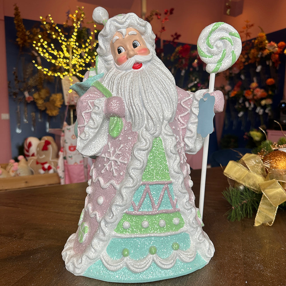 Viv! Christmas Kerstbeeld - Kerstman met Snoep - pastel - roze - 46cm