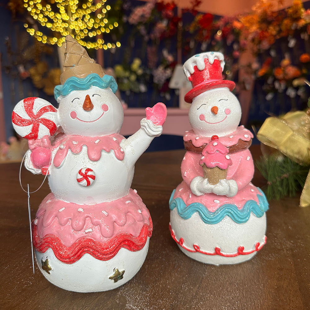 Viv! Christmas Kerstbeeld - Snoepgoed Sneeuwpop - set van 2 - roze wit blauw - 22cm