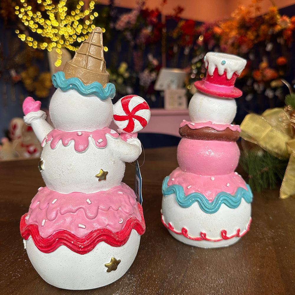 Viv! Christmas Kerstbeeld - Snoepgoed Sneeuwpop - set van 2 - roze wit blauw - 22cm