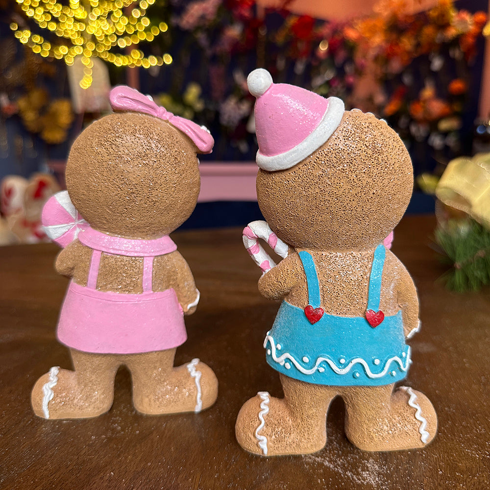 Viv! Christmas Kerstbeeld - Gingerbread Jongen en Meisje met Snoepgoed - set van 2 - pastel - roze blauw - 16.5cm