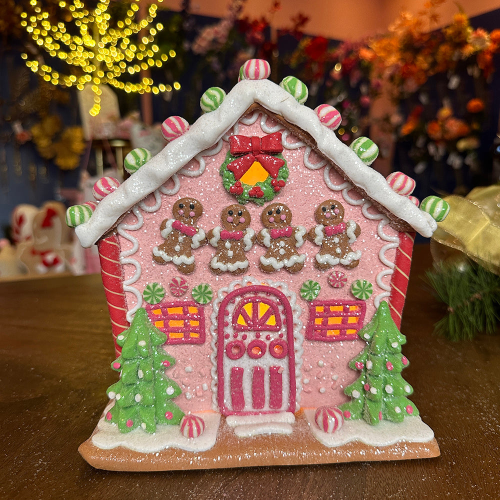 Viv! Christmas Kerstbeeld - Gingerbread Mannetjes Huis van Klei incl. LED Verlichting -  pastel roze - 22cm