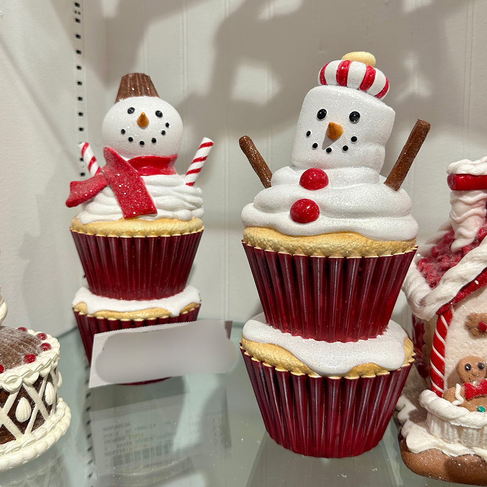 Viv! Christmas Kerstbeeld - Dubbele Cupcake Sneeuwpop - set van 2 - rood wit - 20cm