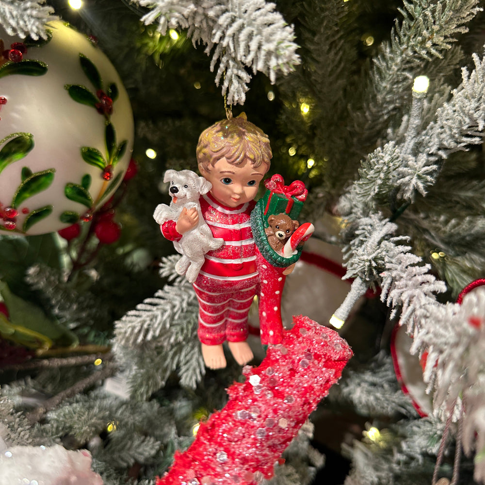 Viv! Christmas Kerstornament - Kinderen in Pyjama met Cadeautjes - set van 2 - rood - 10cm