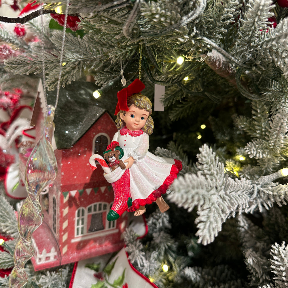 Viv! Christmas Kerstornament - Kinderen in Pyjama met Cadeautjes - set van 2 - rood - 10cm