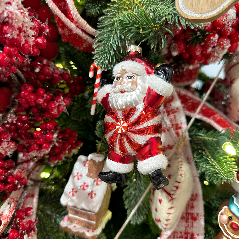 Viv! Christmas Kerstornament - Pepermunt Snoep Kerstman & Gingerbread Mannetje - set van 2 - glas - rood wit - 13cm