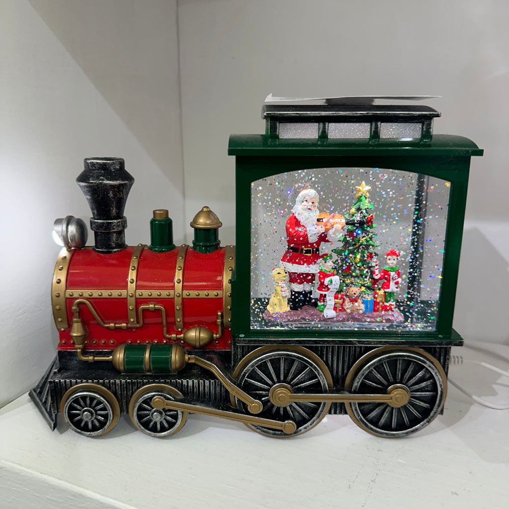 Viv! Christmas Kerst Sneeuwbol incl. LED - Trein met Kerstman - automatisch - rood groen - 25cm